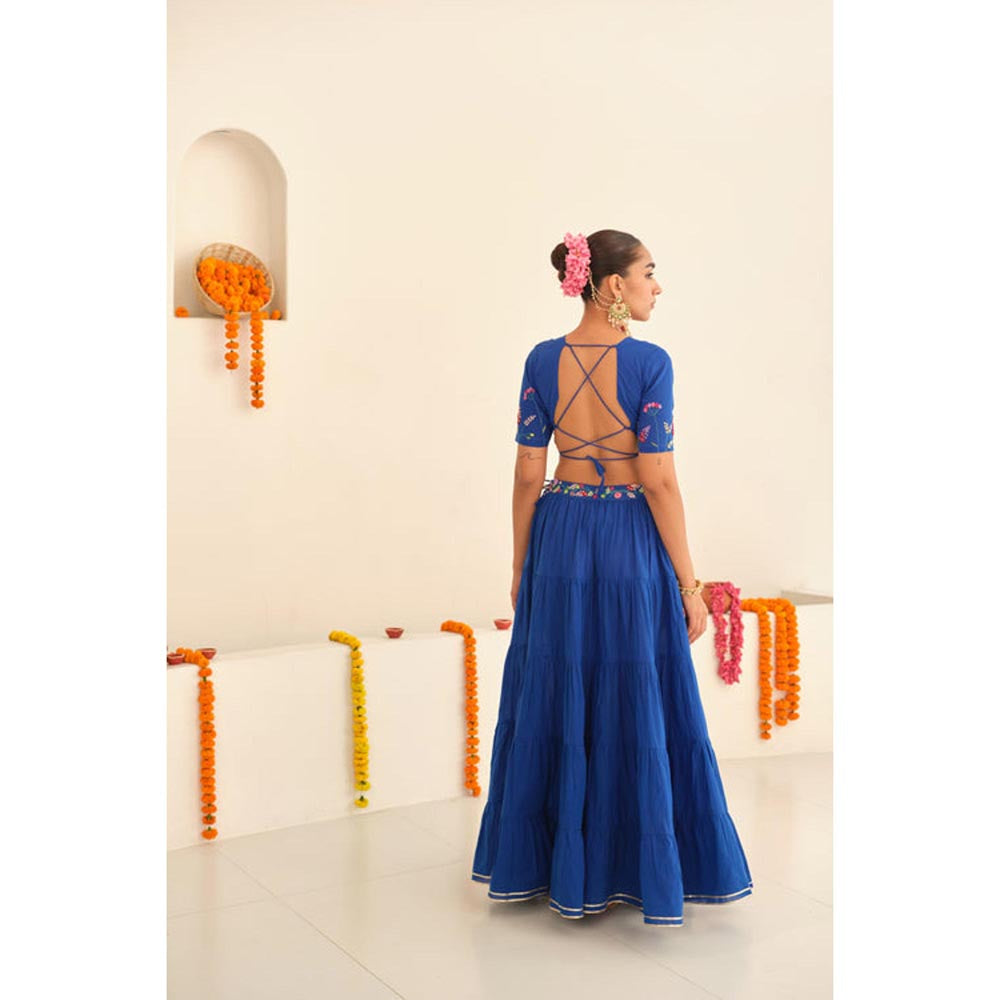 KAVANA Women Blue Yamini Cotton Lehenga with Stitched Blouse and Dupatta