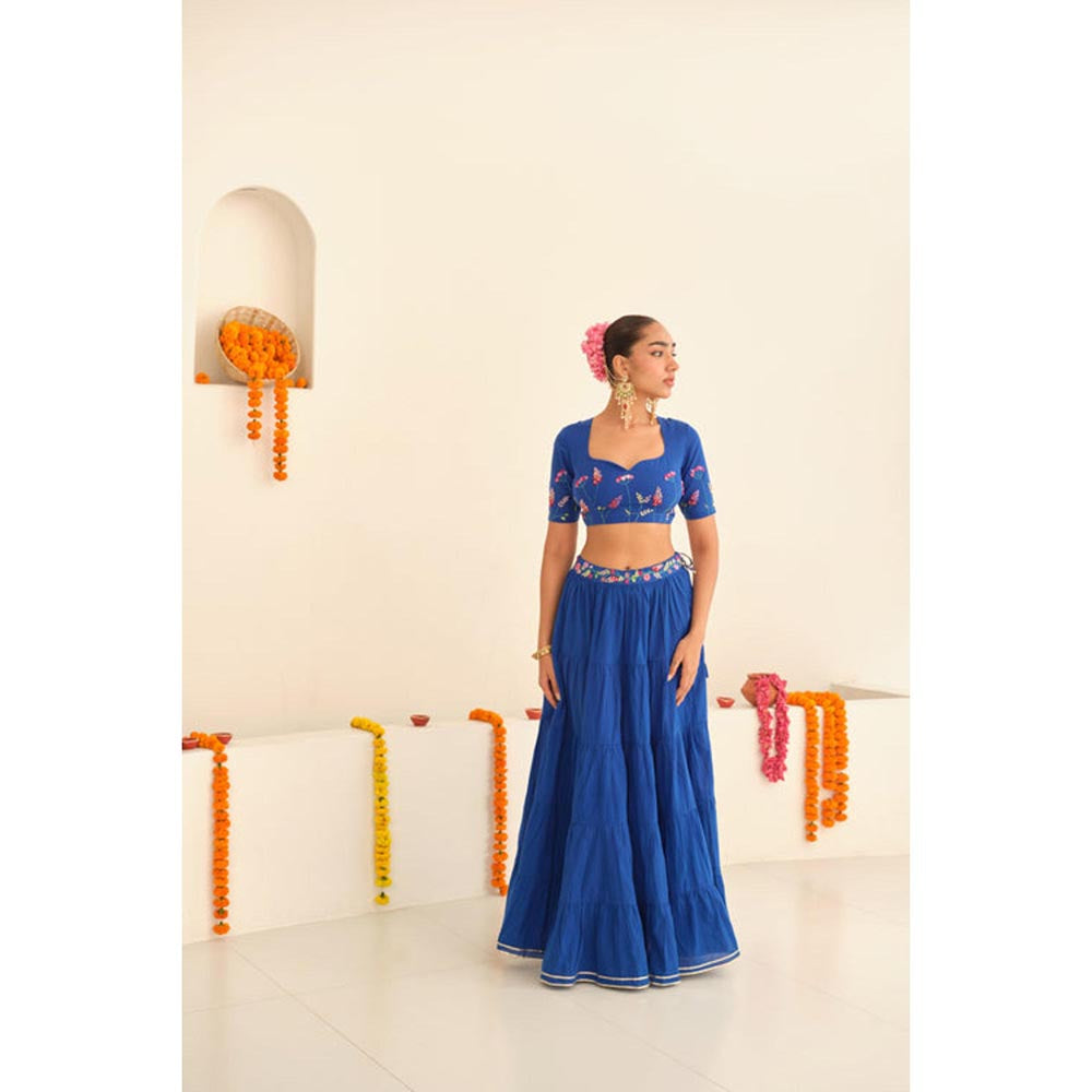KAVANA Women Blue Yamini Cotton Lehenga with Stitched Blouse and Dupatta
