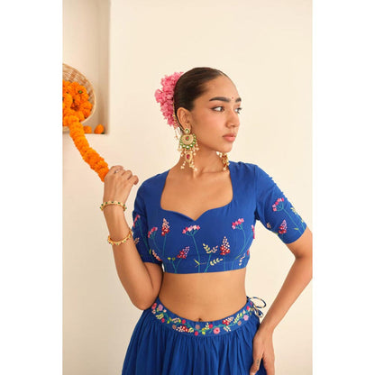 KAVANA Women Blue Yamini Cotton Lehenga with Stitched Blouse and Dupatta