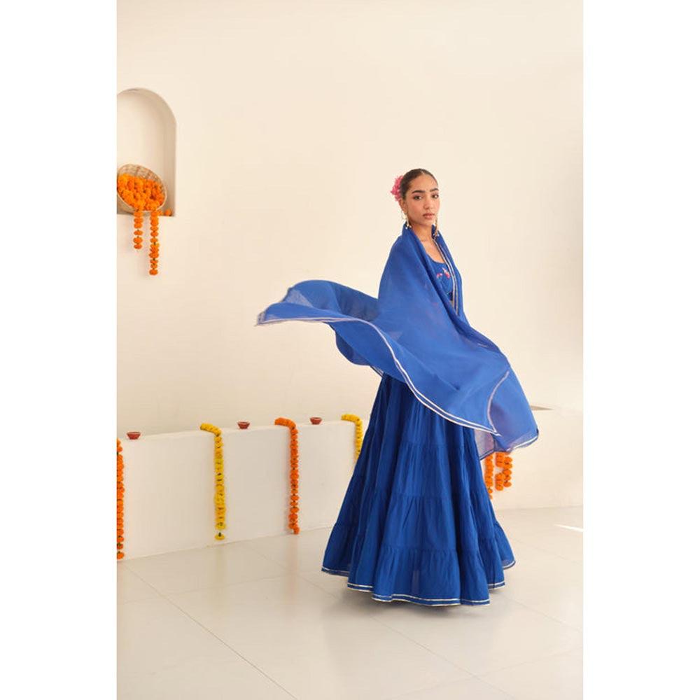KAVANA Women Blue Yamini Cotton Lehenga with Stitched Blouse and Dupatta