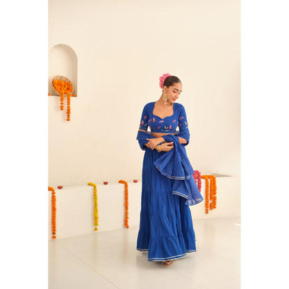KAVANA Women Blue Yamini Cotton Lehenga with Stitched Blouse and Dupatta