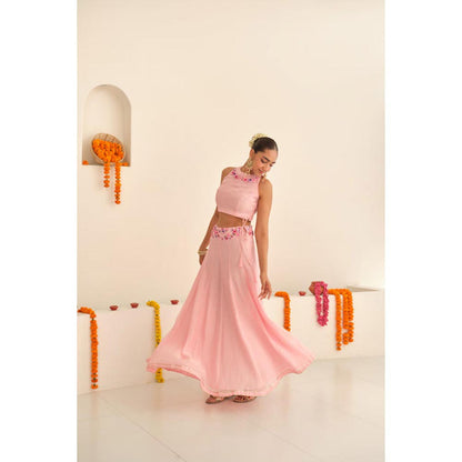 KAVANA Women Pink Alka Chanderi Lehenga with Stitched Blouse and Dupatta