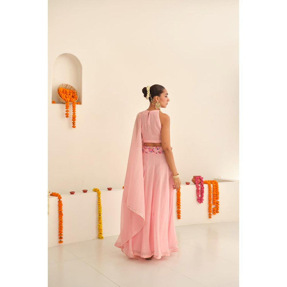 KAVANA Women Pink Alka Chanderi Lehenga with Stitched Blouse and Dupatta