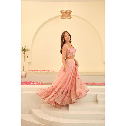 KAVANA Women Pink Aarohi Silk Tissue Lehenga with Stitched Blouse and Dupatta