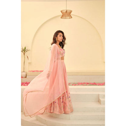 KAVANA Women Pink Aarohi Silk Tissue Lehenga with Stitched Blouse and Dupatta