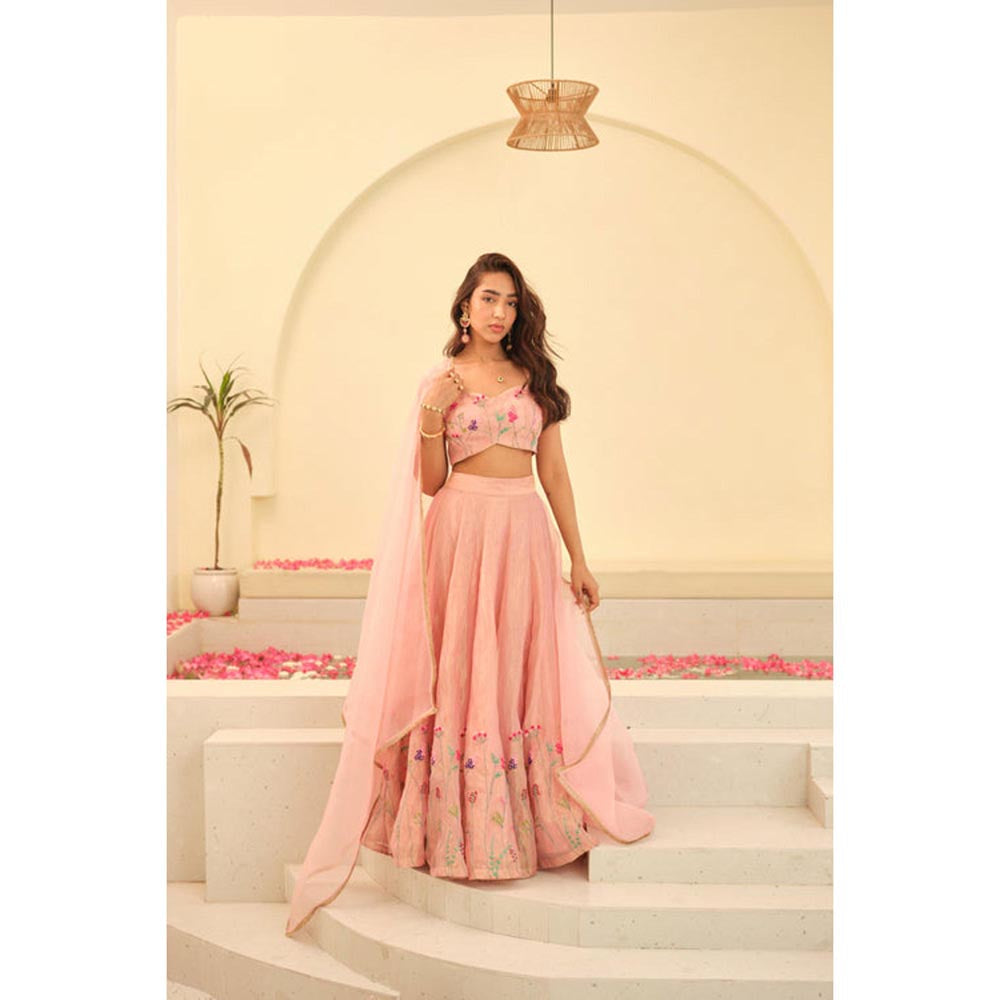 KAVANA Women Pink Aarohi Silk Tissue Lehenga with Stitched Blouse and Dupatta