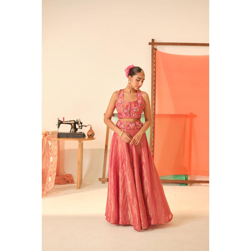 KAVANA Women Pink Maya Silk Tissue Lehenga with Stitched Blouse and Dupatta