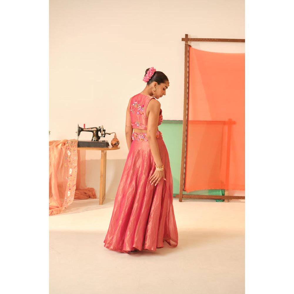 KAVANA Women Pink Maya Silk Tissue Lehenga with Stitched Blouse and Dupatta