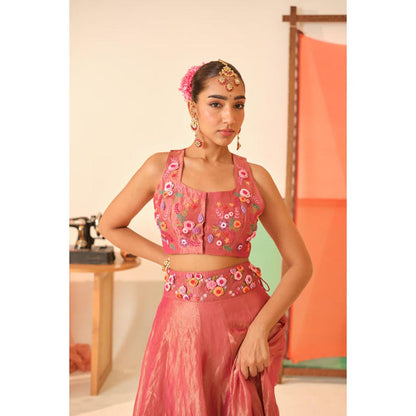 KAVANA Women Pink Maya Silk Tissue Lehenga with Stitched Blouse and Dupatta