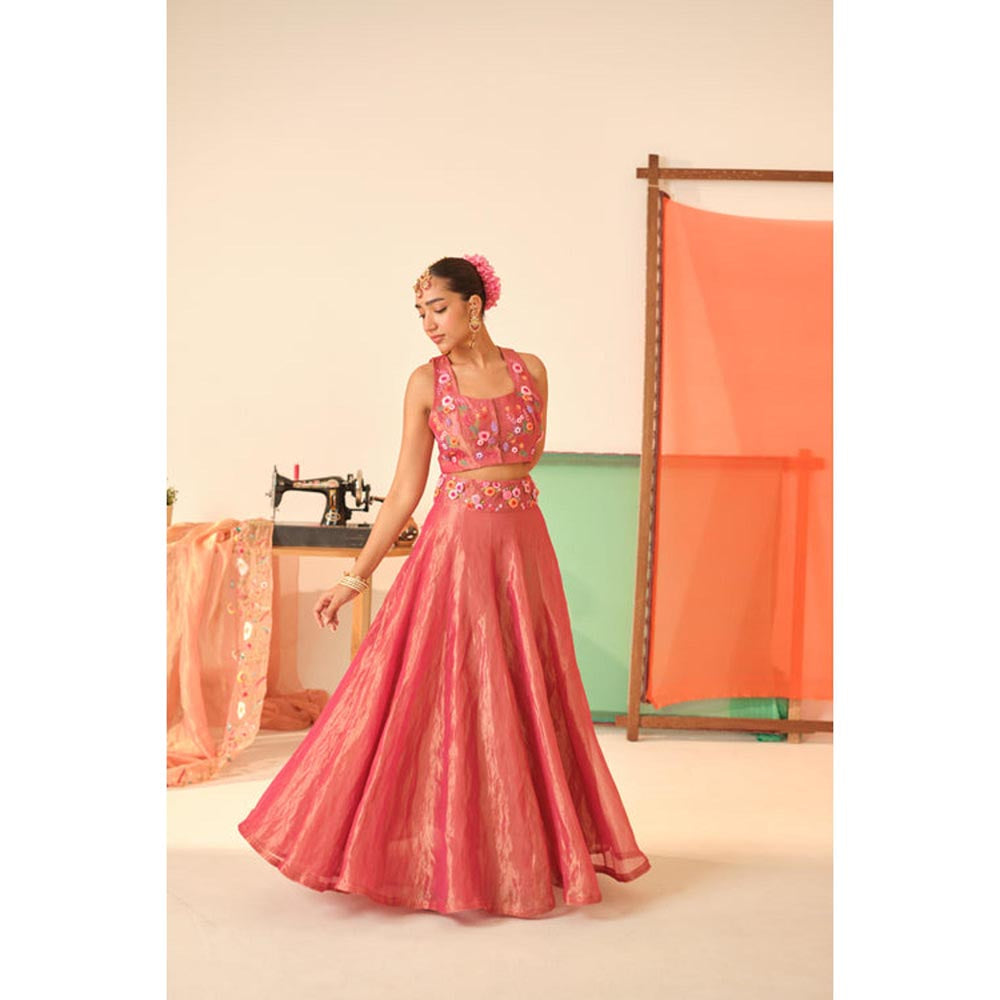 KAVANA Women Pink Maya Silk Tissue Lehenga with Stitched Blouse and Dupatta