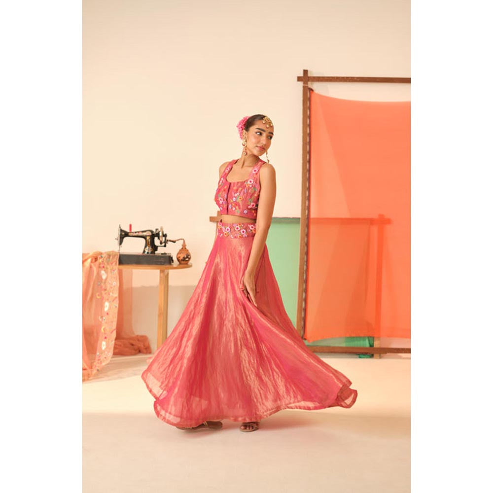 KAVANA Women Pink Maya Silk Tissue Lehenga with Stitched Blouse and Dupatta