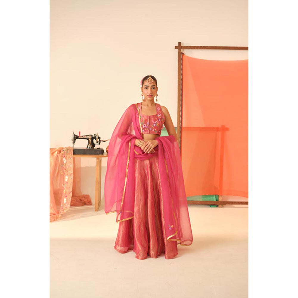 KAVANA Women Pink Maya Silk Tissue Lehenga with Stitched Blouse and Dupatta