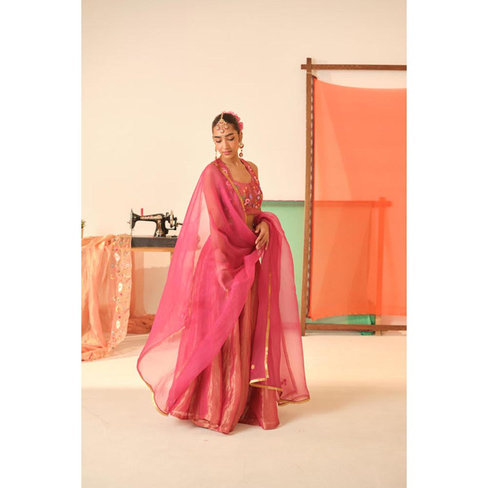 KAVANA Women Pink Maya Silk Tissue Lehenga with Stitched Blouse and Dupatta