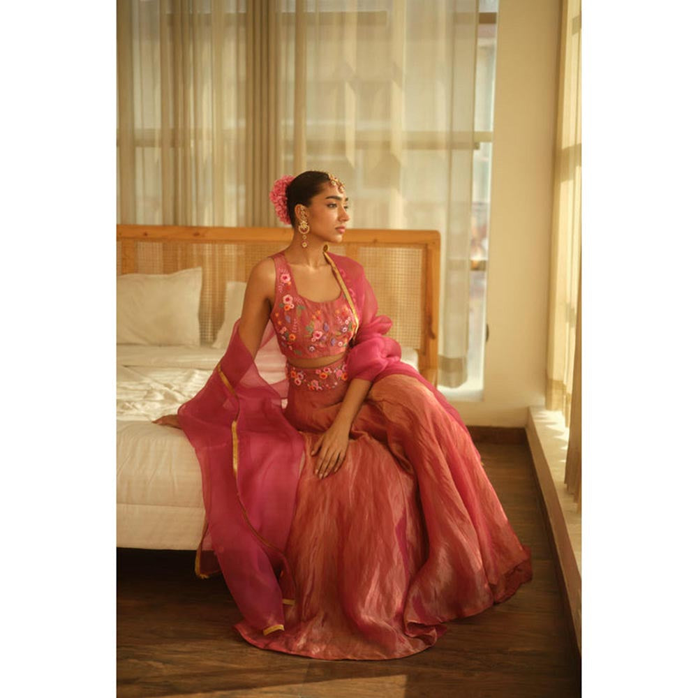KAVANA Women Pink Maya Silk Tissue Lehenga with Stitched Blouse and Dupatta