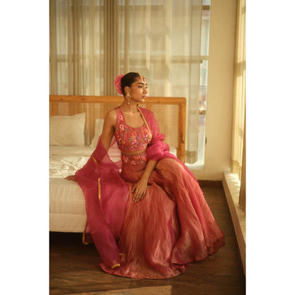KAVANA Women Pink Maya Silk Tissue Lehenga with Stitched Blouse and Dupatta