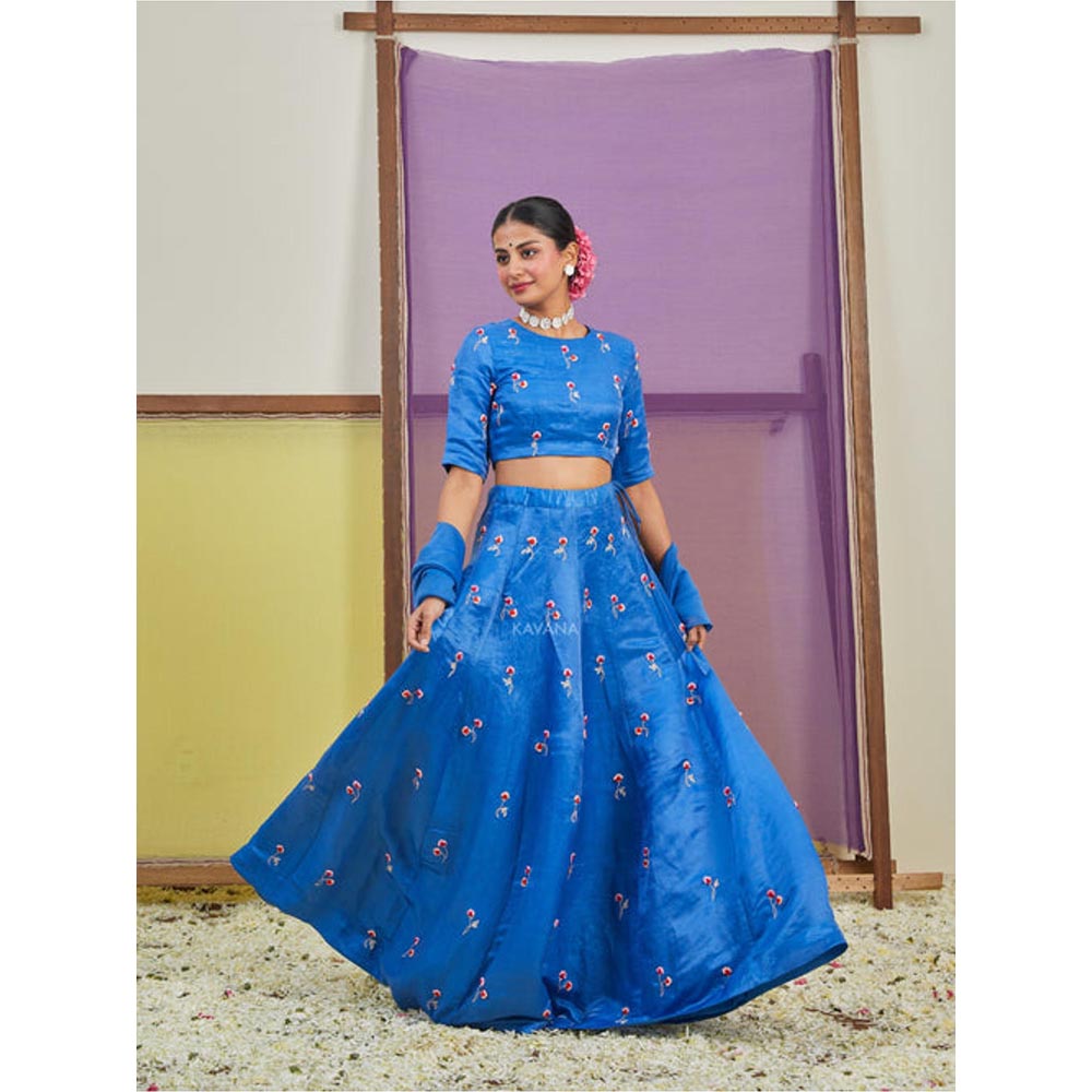 KAVANA Women Blue Amira Lehenga with Stitched Blouse and Dupatta