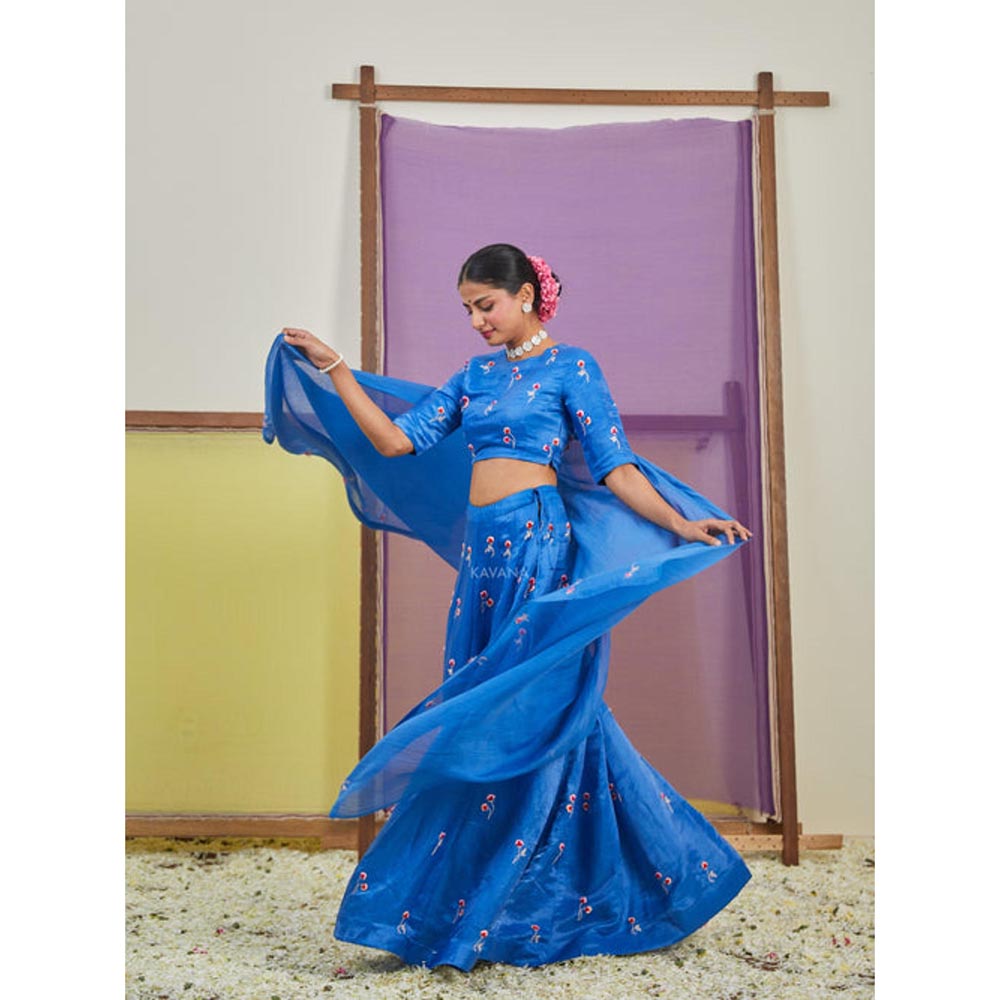 KAVANA Women Blue Amira Lehenga with Stitched Blouse and Dupatta