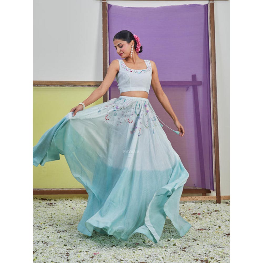 KAVANA Women Blue Kumud Lehenga with Stitched Blouse and Dupatta