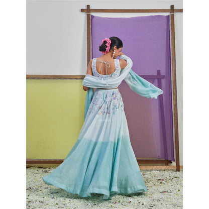 KAVANA Women Blue Kumud Lehenga with Stitched Blouse and Dupatta