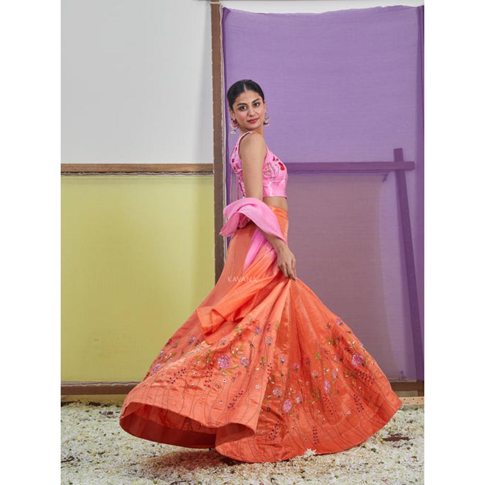 KAVANA Women Orange Gulabo Lehenga with Stitched Blouse and Dupatta