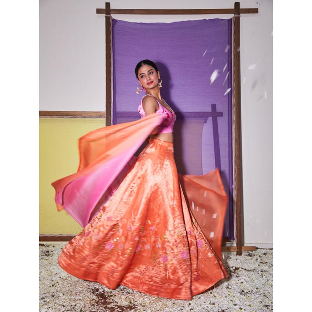 KAVANA Women Orange Gulabo Lehenga with Stitched Blouse and Dupatta