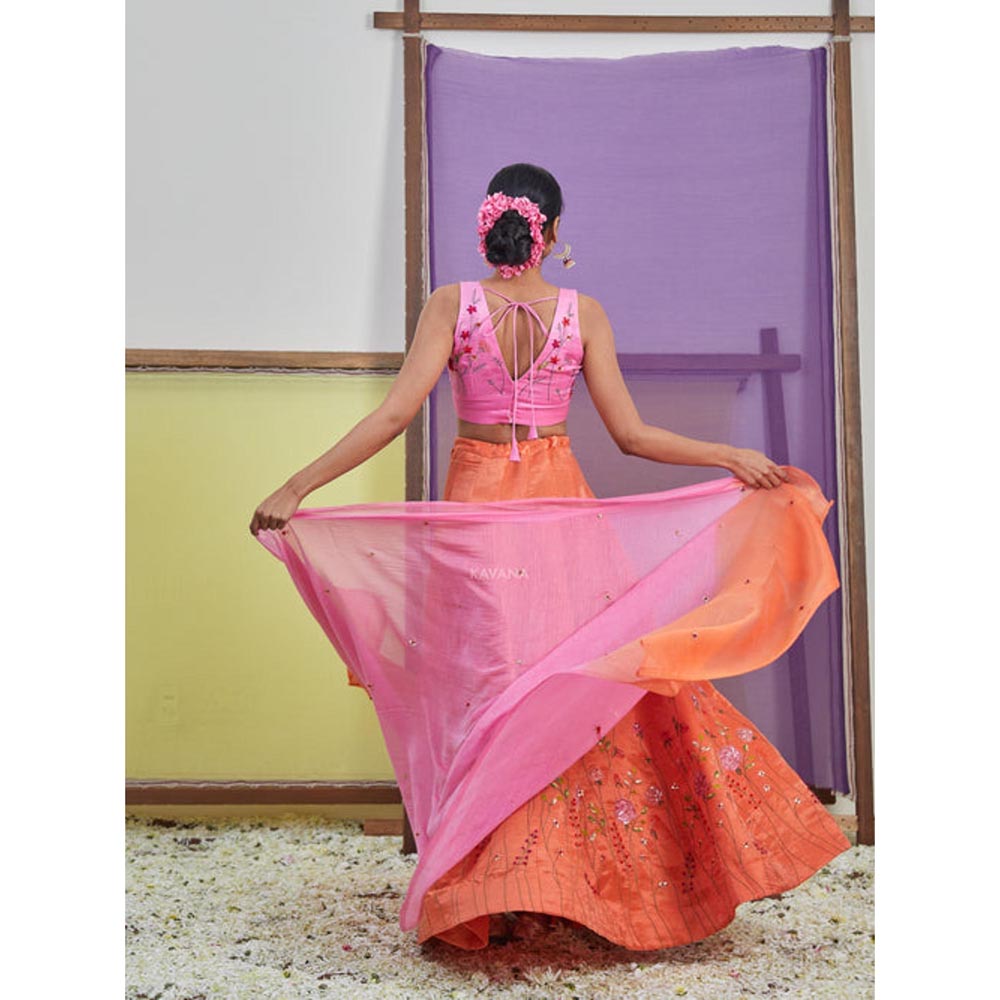 KAVANA Women Orange Gulabo Lehenga with Stitched Blouse and Dupatta