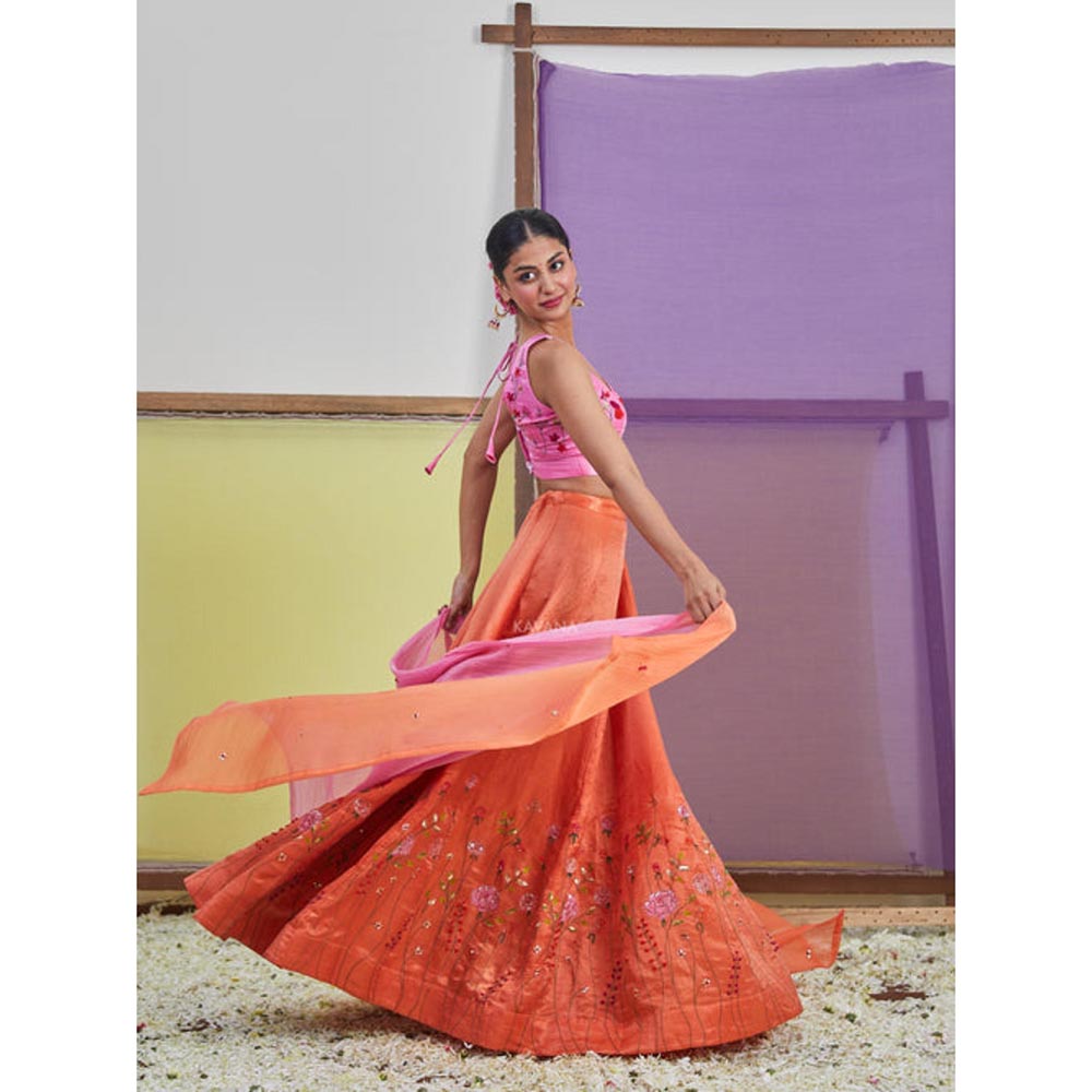 KAVANA Women Orange Gulabo Lehenga with Stitched Blouse and Dupatta