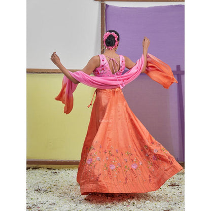 KAVANA Women Orange Gulabo Lehenga with Stitched Blouse and Dupatta