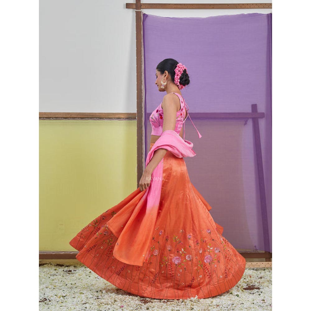 KAVANA Women Orange Gulabo Lehenga with Stitched Blouse and Dupatta
