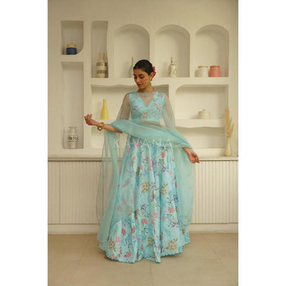 KAVANA Women Blue Ramya Lehenga with Stitched Blouse and Dupatta