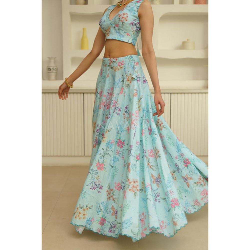 KAVANA Women Blue Ramya Lehenga with Stitched Blouse and Dupatta