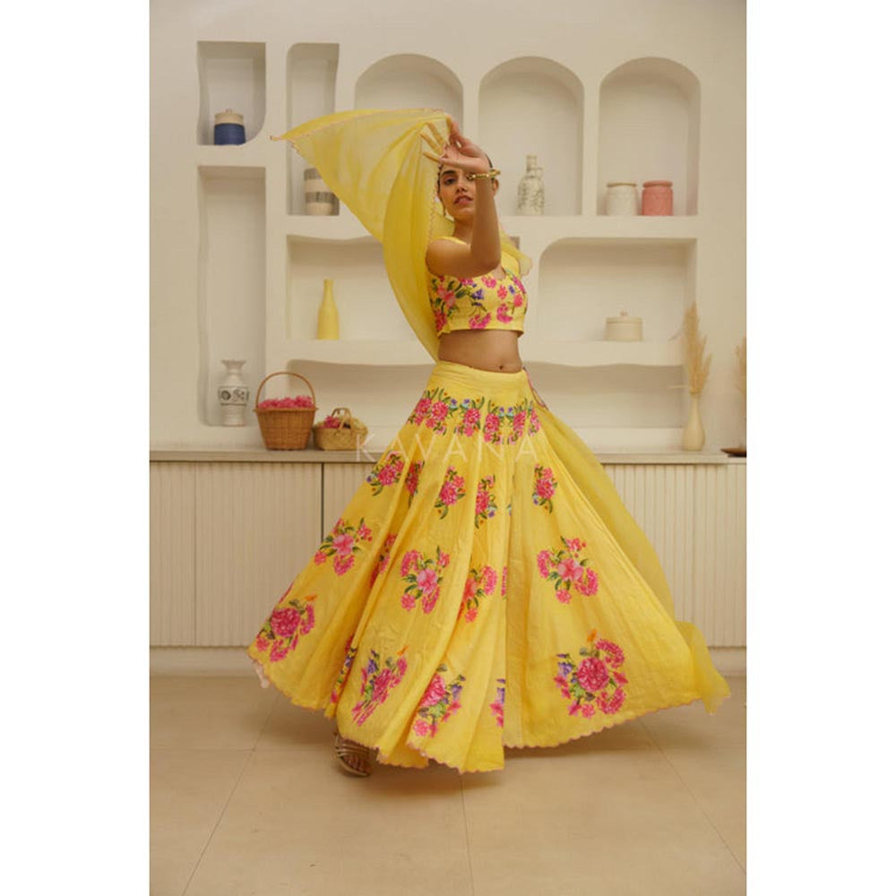 KAVANA Women Yellow Gauri Lehenga with Stitched Blouse and Dupatta
