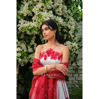 KAVANA Women White Anaar Dana Lehenga with Stitched Blouse and Dupatta