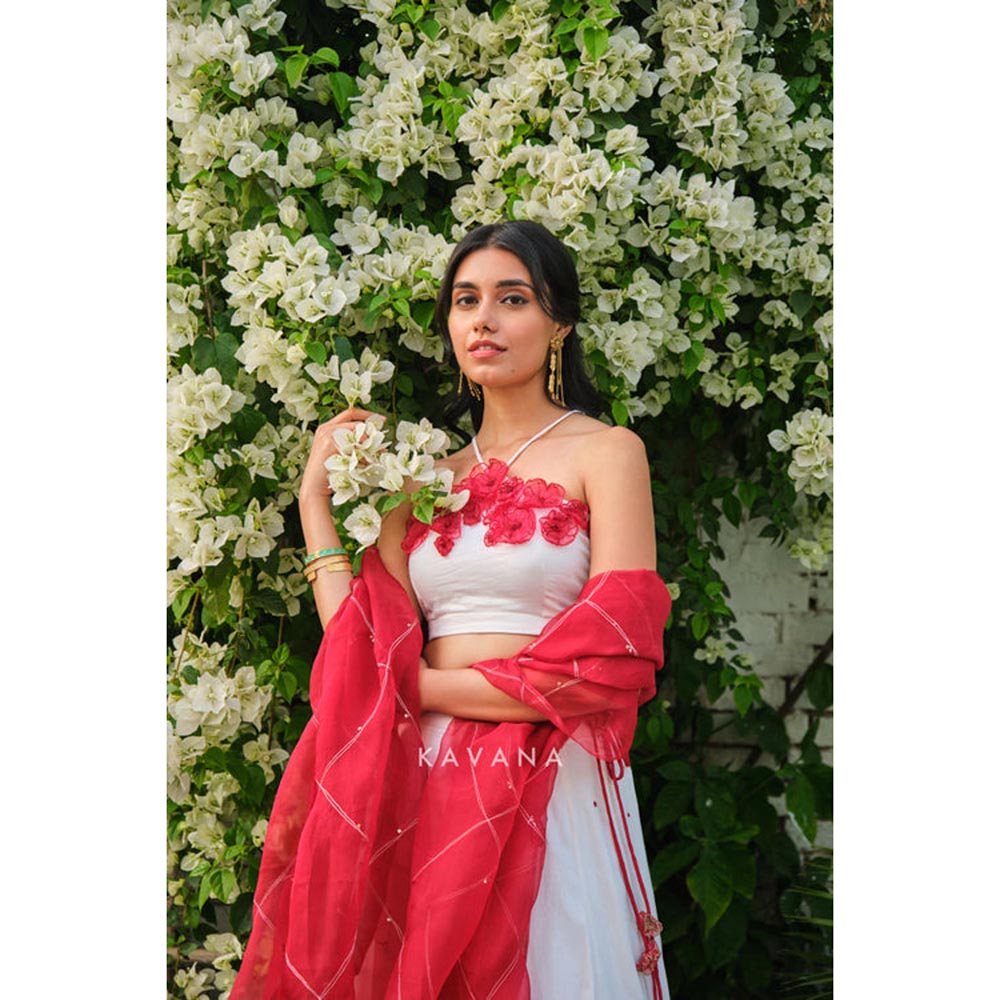 KAVANA Women White Anaar Dana Lehenga with Stitched Blouse and Dupatta