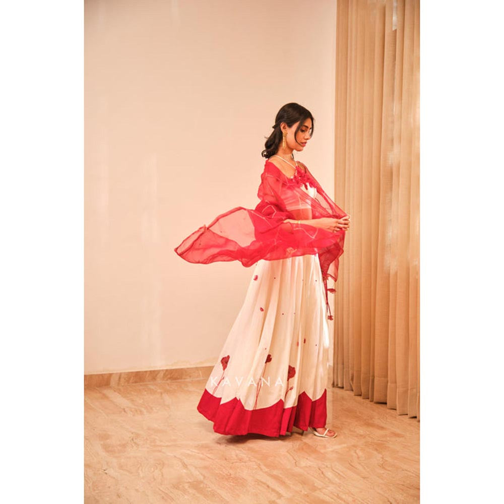 KAVANA Women White Anaar Dana Lehenga with Stitched Blouse and Dupatta