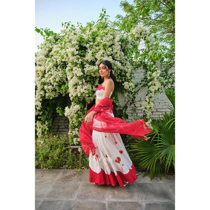 KAVANA Women White Anaar Dana Lehenga with Stitched Blouse and Dupatta