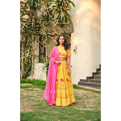 KAVANA Women Yellow Sandhya Lehenga with Stitched Blouse and Dupatta