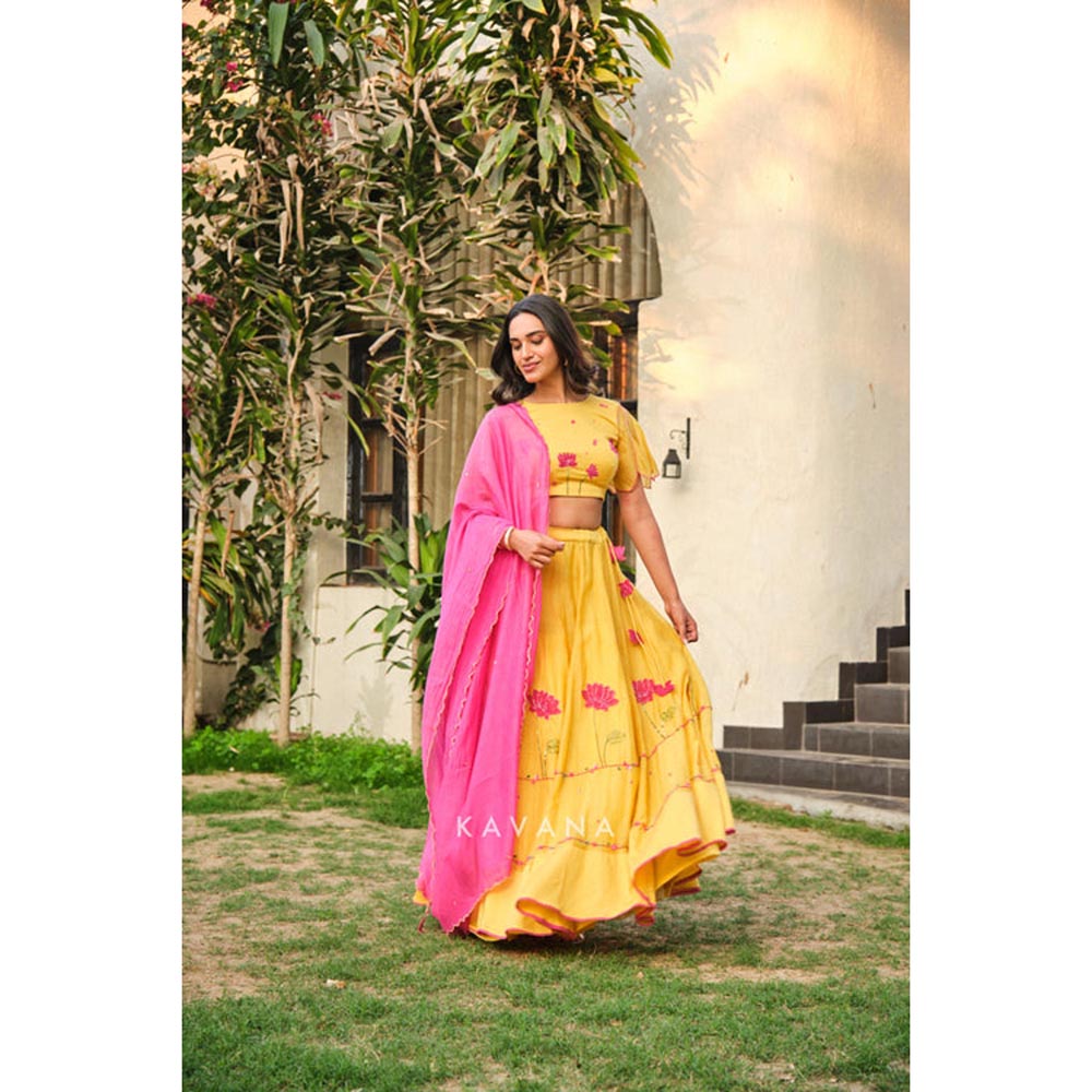 KAVANA Women Yellow Sandhya Lehenga with Stitched Blouse and Dupatta