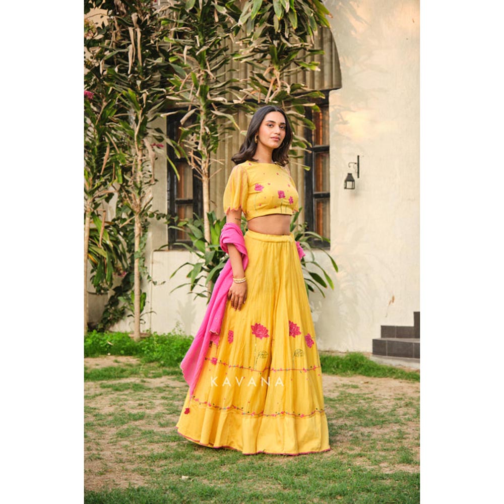 KAVANA Women Yellow Sandhya Lehenga with Stitched Blouse and Dupatta