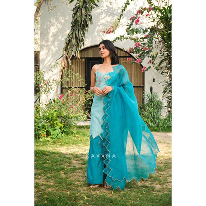 KAVANA Women Embroidered Turquoise Kiwi Dupatta