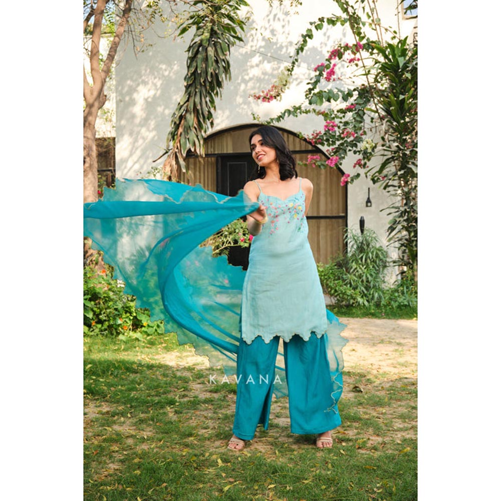 KAVANA Women Embroidered Turquoise Kiwi Dupatta