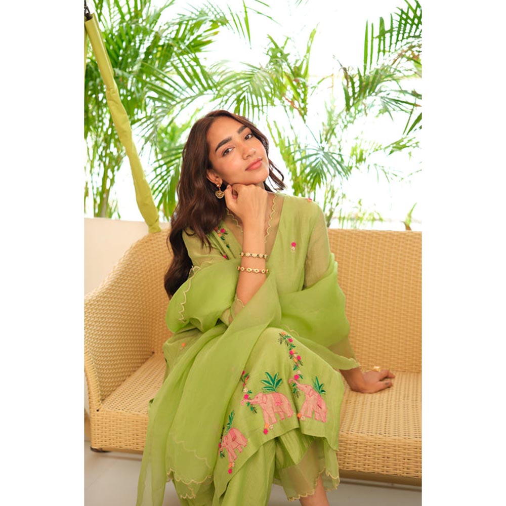 KAVANA Women Embroidered Green Numani Silk Organza Dupatta