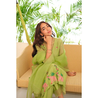 KAVANA Women Embroidered Green Numani Silk Organza Dupatta