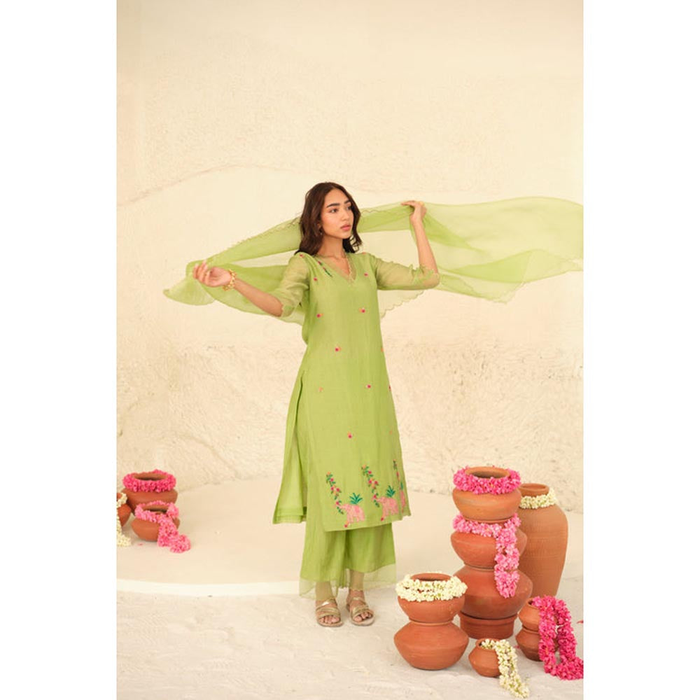 KAVANA Women Embroidered Green Numani Silk Organza Dupatta