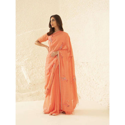 KAVANA Nurin Orange Embroidered Linen Saree