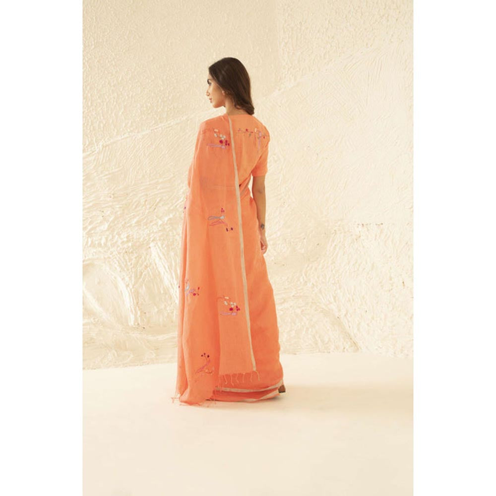 KAVANA Nurin Orange Embroidered Linen Saree