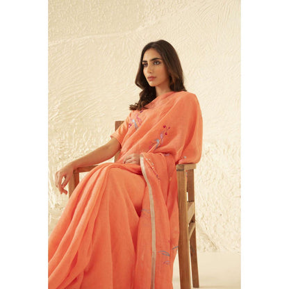 KAVANA Nurin Orange Embroidered Linen Saree