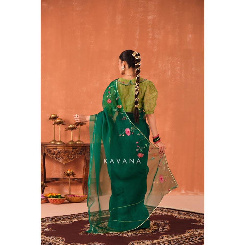 KAVANA Women Embroidered Green Vrinda Silk Organza Saree