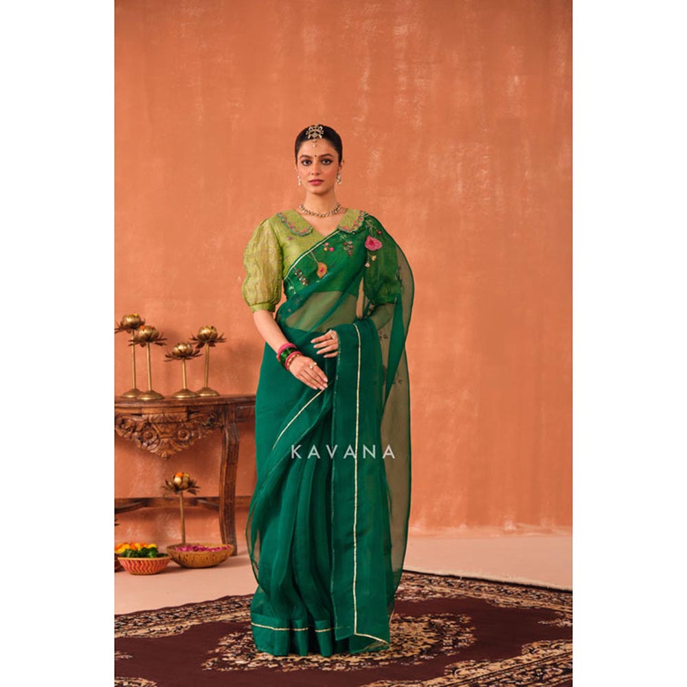 KAVANA Women Embroidered Green Vrinda Silk Organza Saree