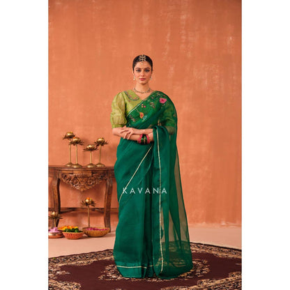 KAVANA Women Embroidered Green Vrinda Silk Organza Saree